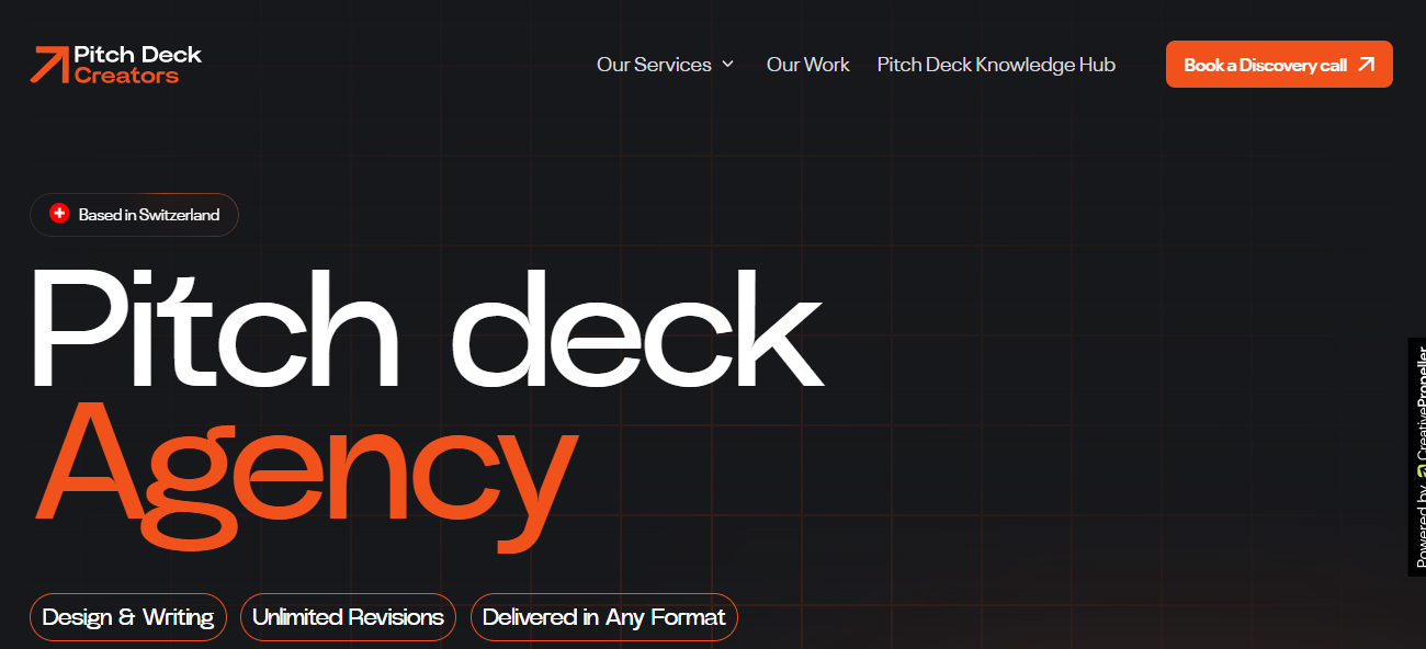 Pitch Deck Creators agency website showing investor pitch deck design and copywriting services