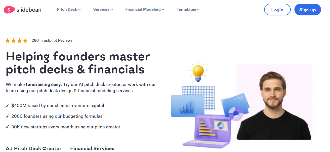 Slidebean pitch deck platform website showing AI-assisted startup presentation design services