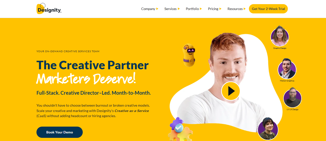 Designity design agency website showing Creative Director-led pitch deck and branding services