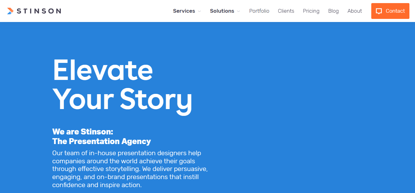 Stinson Design agency website showing healthcare and life sciences pitch deck presentation services