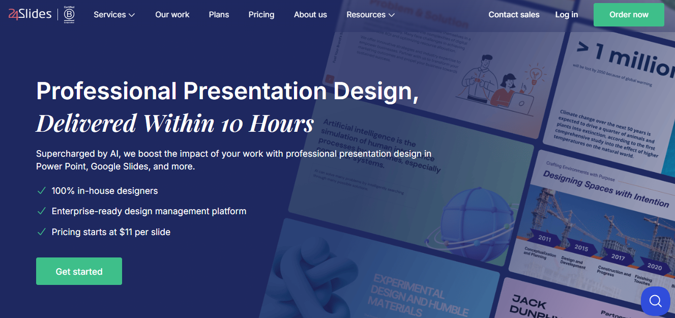 24Slides presentation design company website showing affordable high-volume slide design services