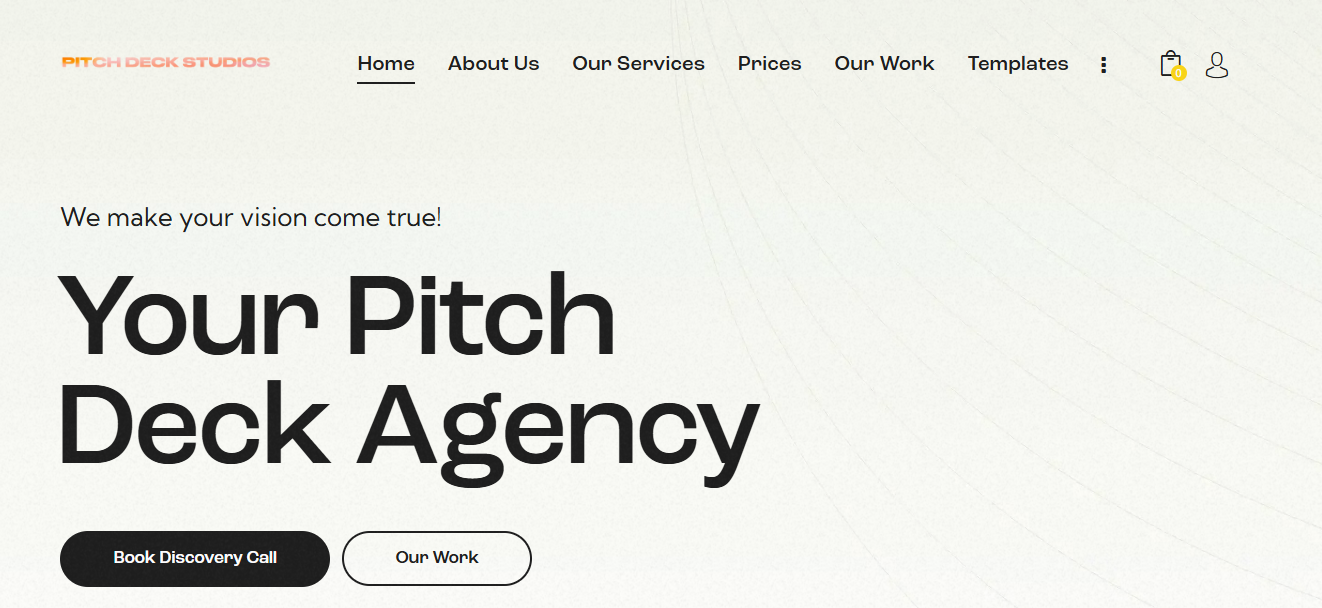 Pitch Deck Studios website showing SaaS and tech startup investor pitch deck design services USA