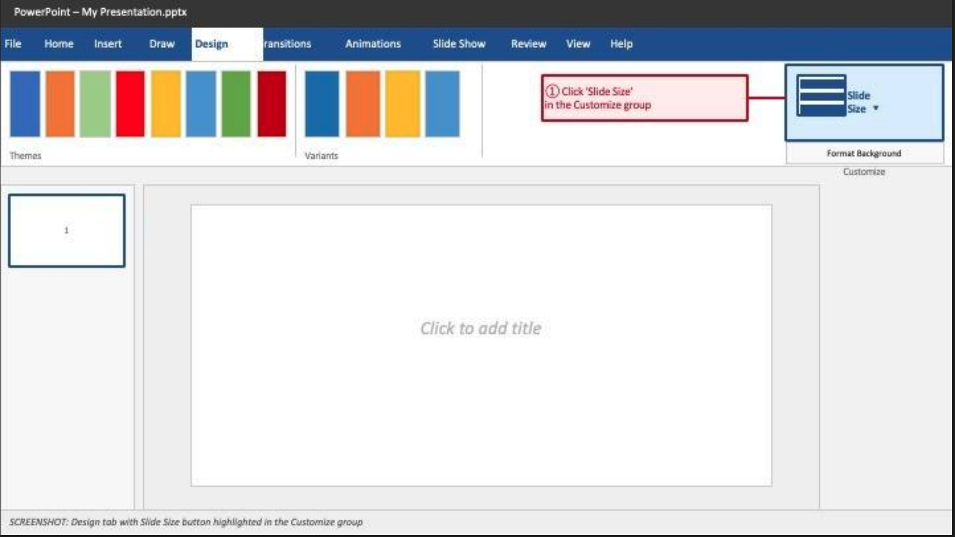 Design tab with Slide Size button highlighted in the Customize group