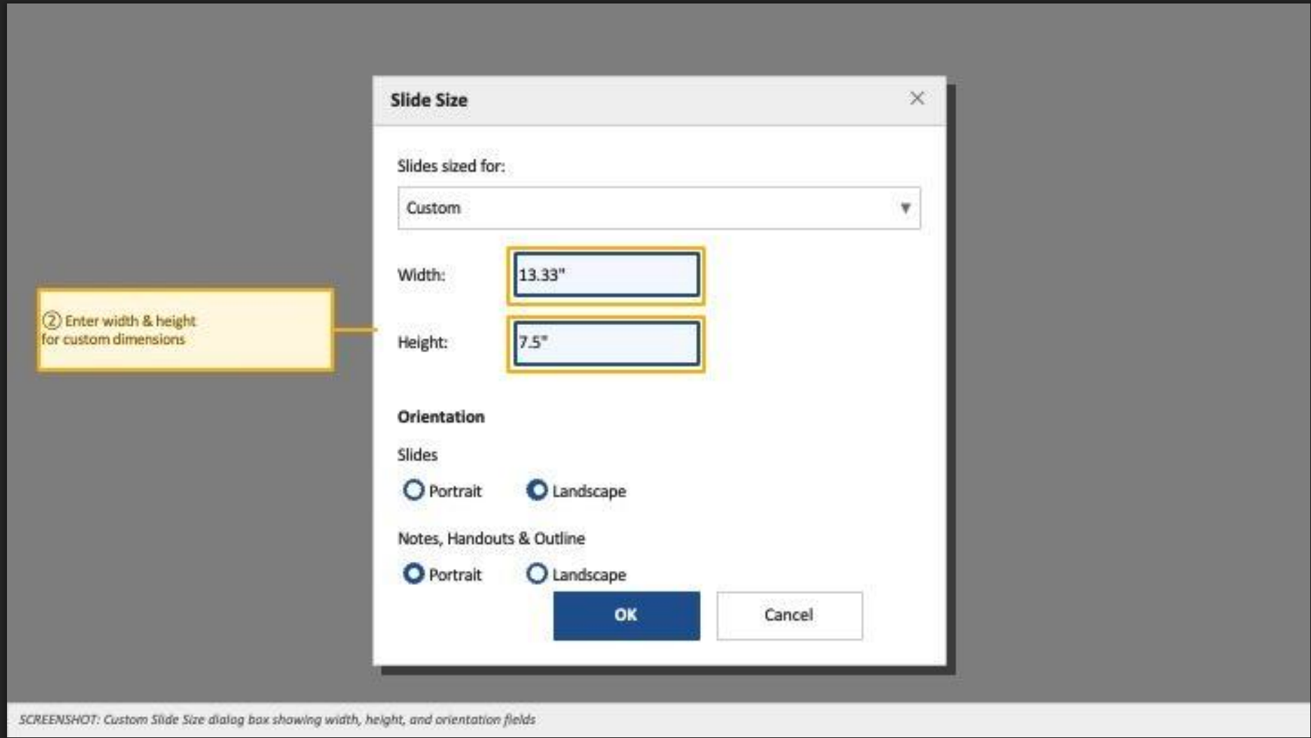 Custom Slide Size dialog box showing width, height, and orientation fields