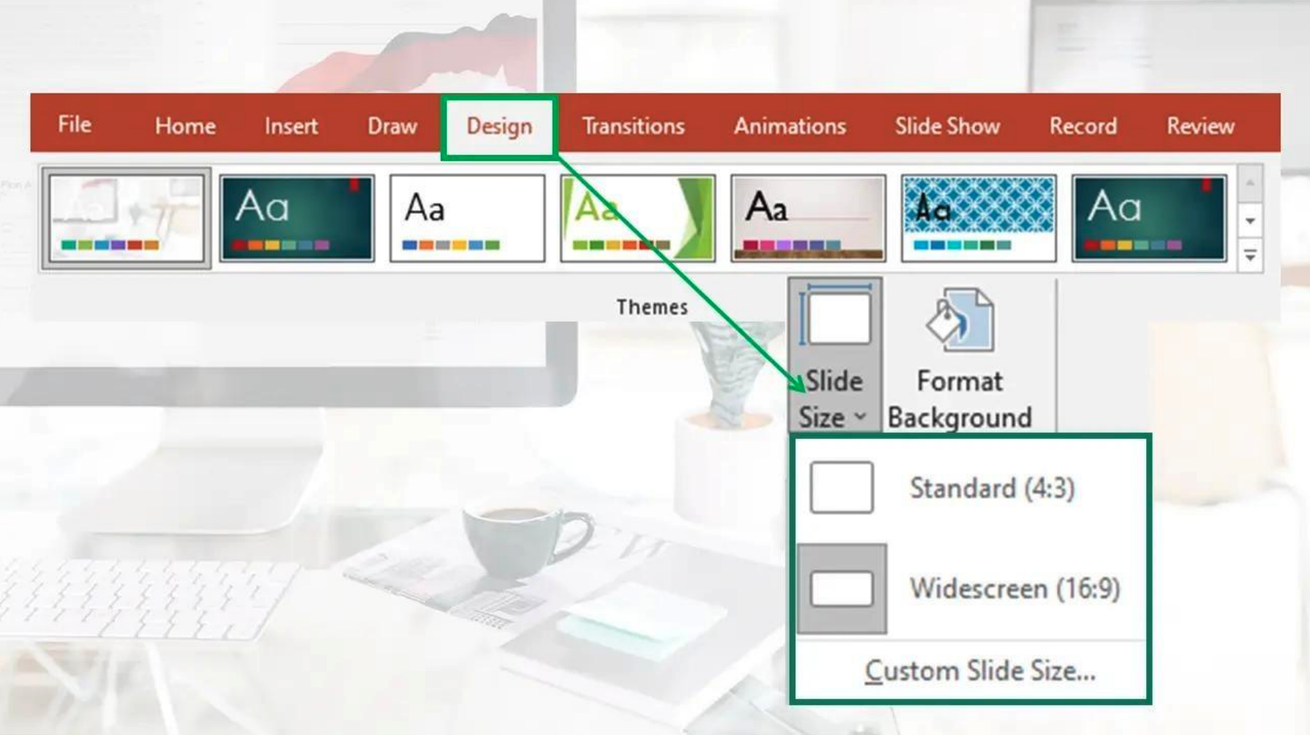 PowerPoint Online Design tab showing Slide Size options
