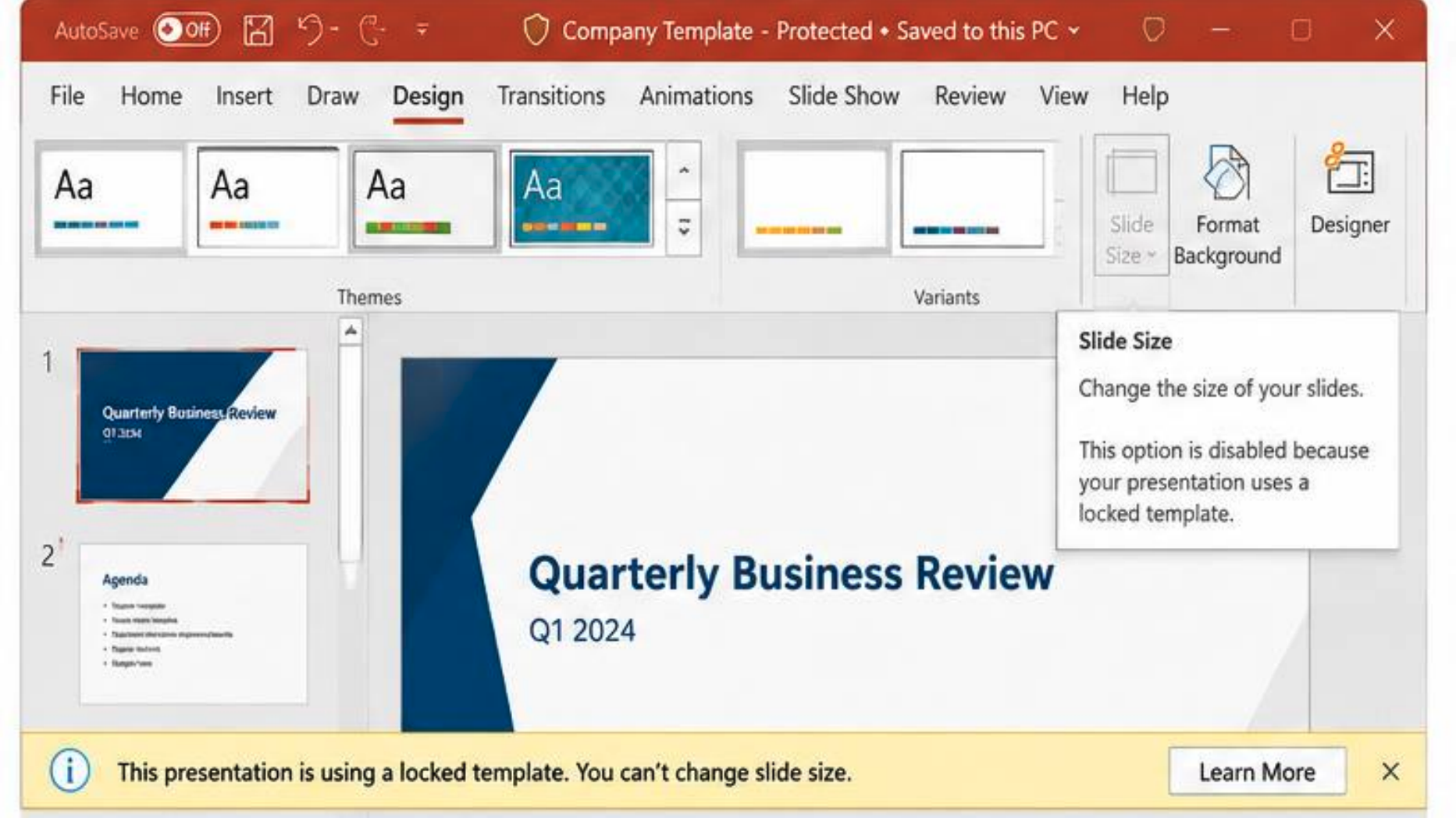 Greyed out Slide Size option in Design tab with locked template indicator