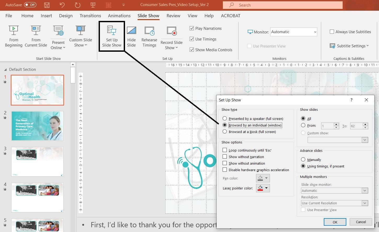 PowerPoint Set Up Slide Show dialog box showing Loop continuously until Esc checkbox on Windows