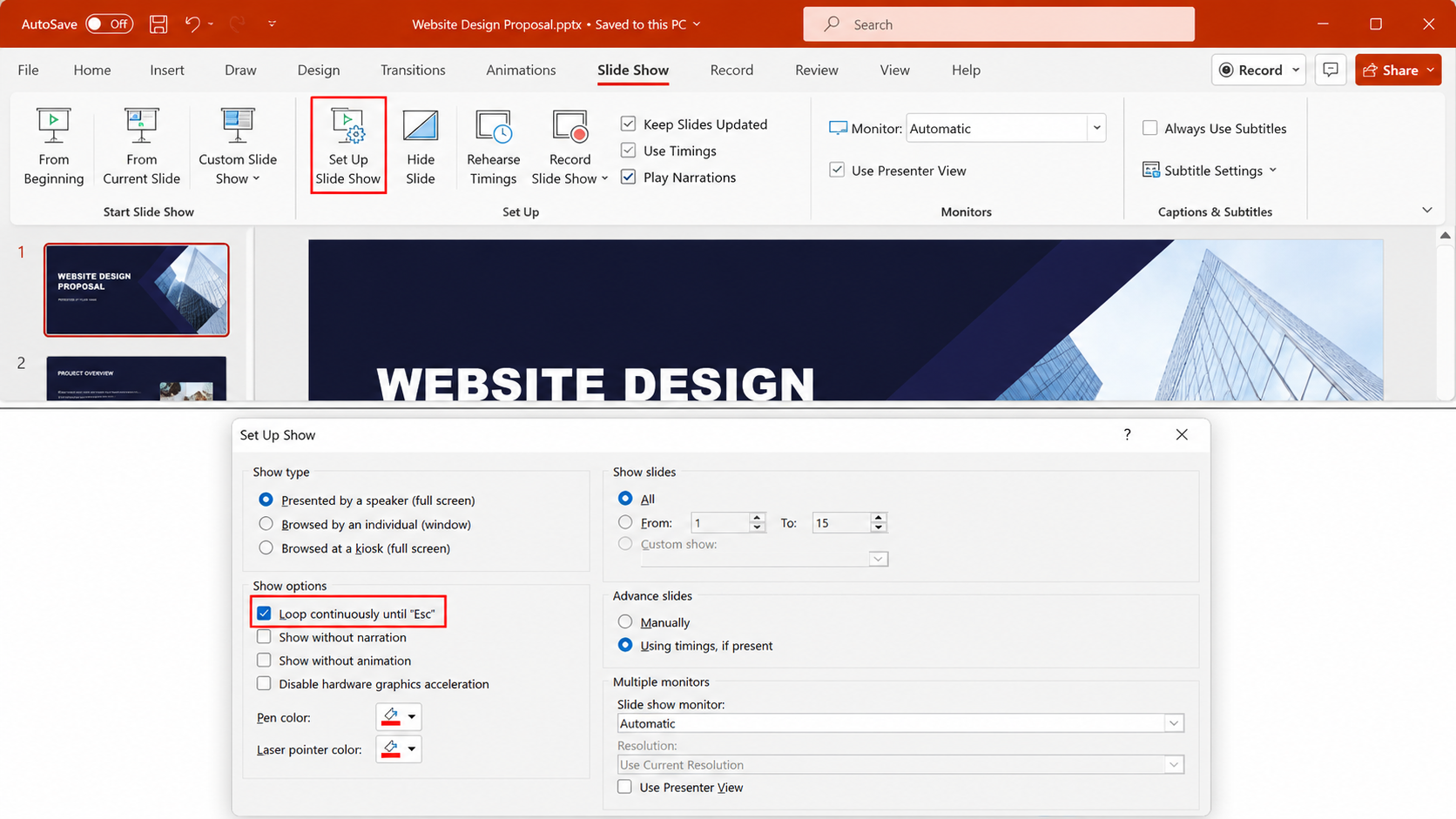 PowerPoint for Mac Set Up Show dialog with Loop continuously until Esc option selected