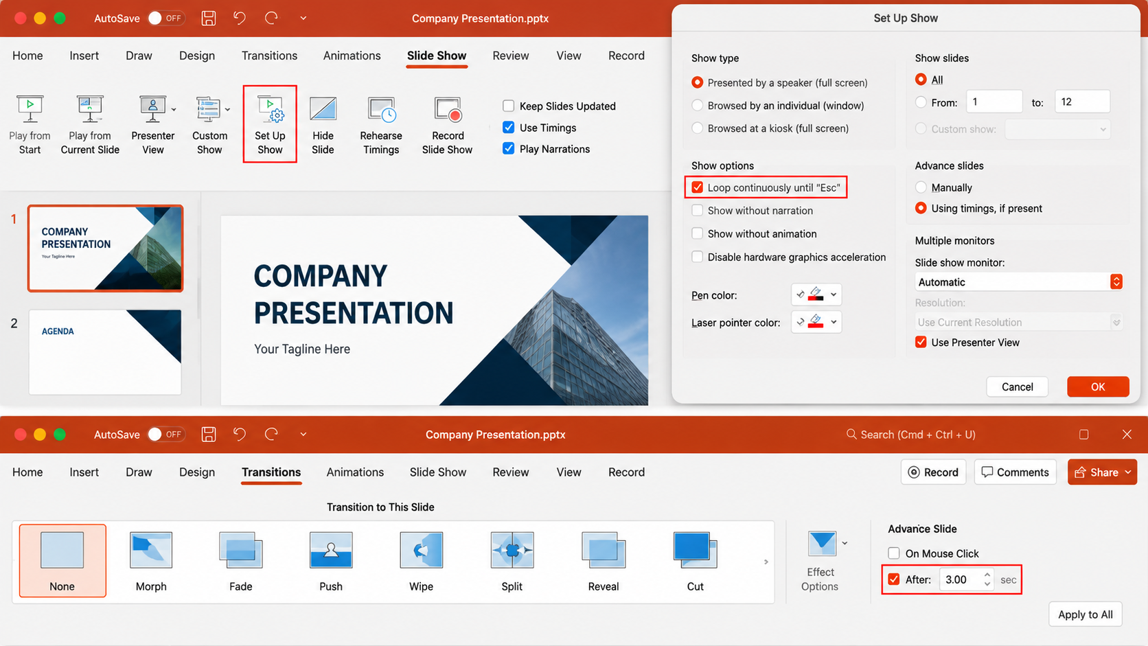 Custom Slide Show dialog box in PowerPoint used to loop only specific selected slides