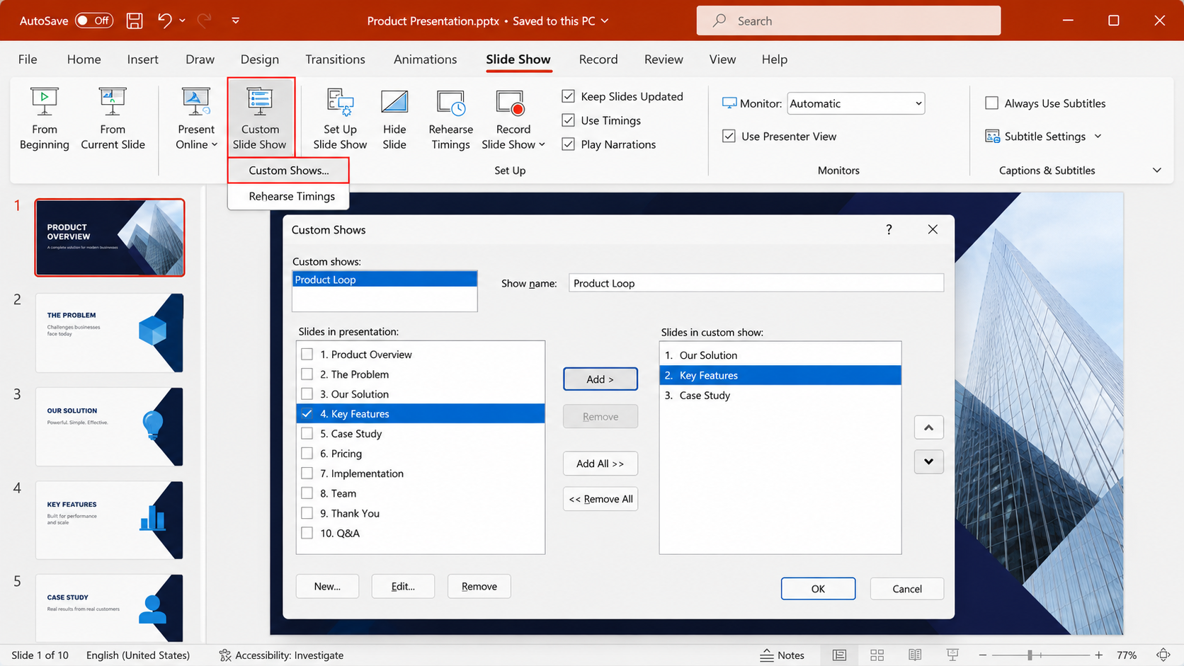 PowerPoint kiosk mode Browsed at a kiosk full screen option for unattended automatic display