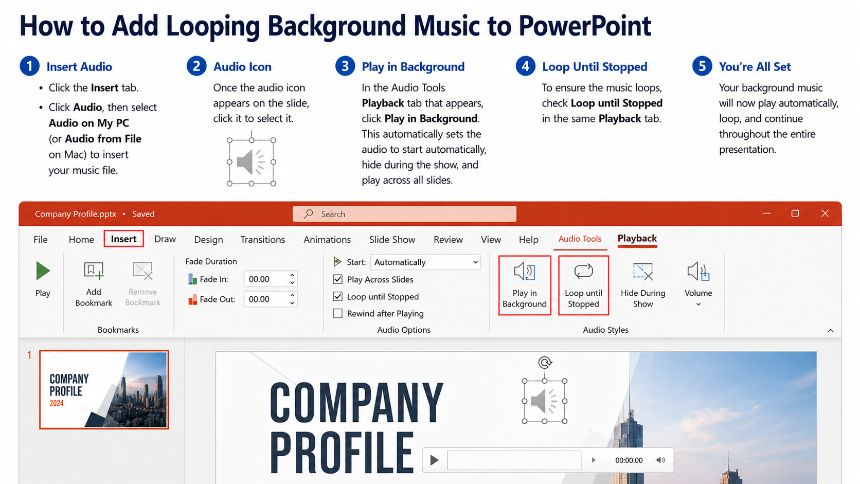 Comparison table of PowerPoint Desktop versus PowerPoint Online looping feature availability
