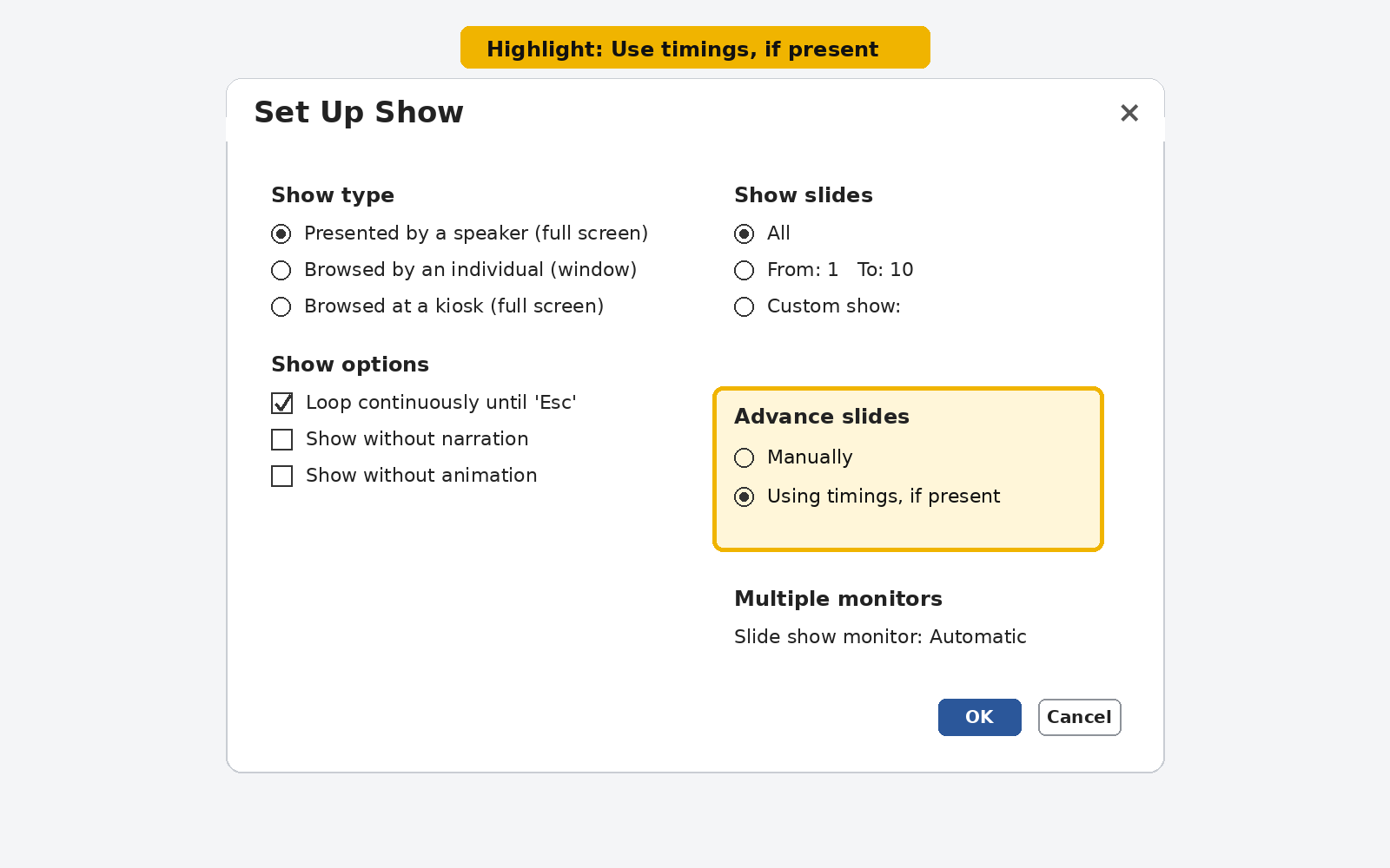 Troubleshooting table listing common PowerPoint loop problems and their corresponding fixes