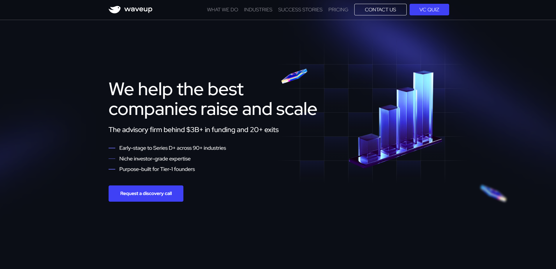 Waveup pitch deck agency website showing venture consulting and investor presentation services