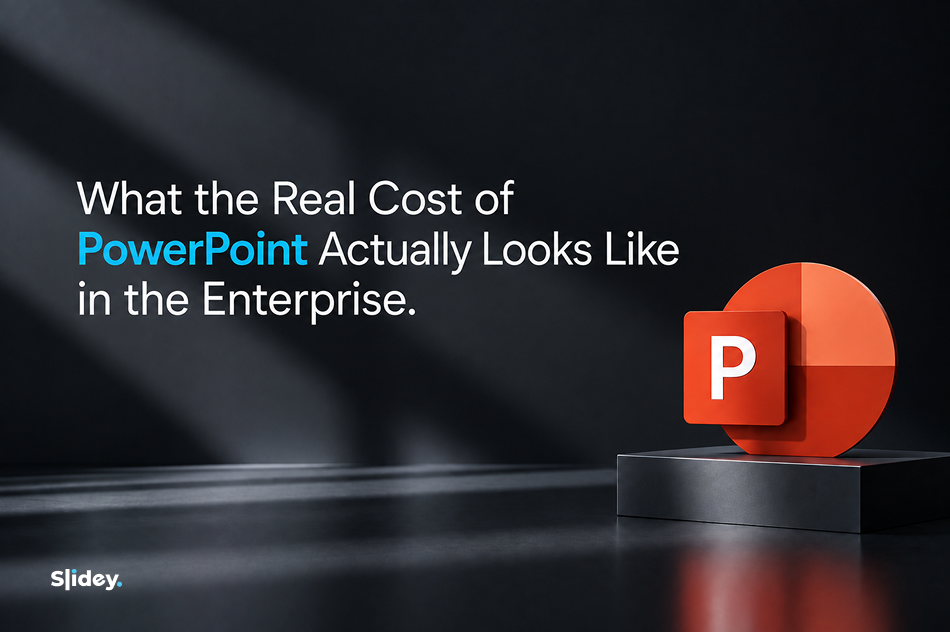 PowerPoint enterprise costs shown with a presentation icon, highlighting hidden time and impact on teams also.