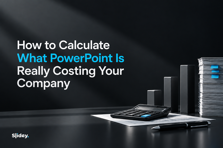 A calculator, charts, and documents illustrate how teams can measure the true cost of PowerPoint work overall.