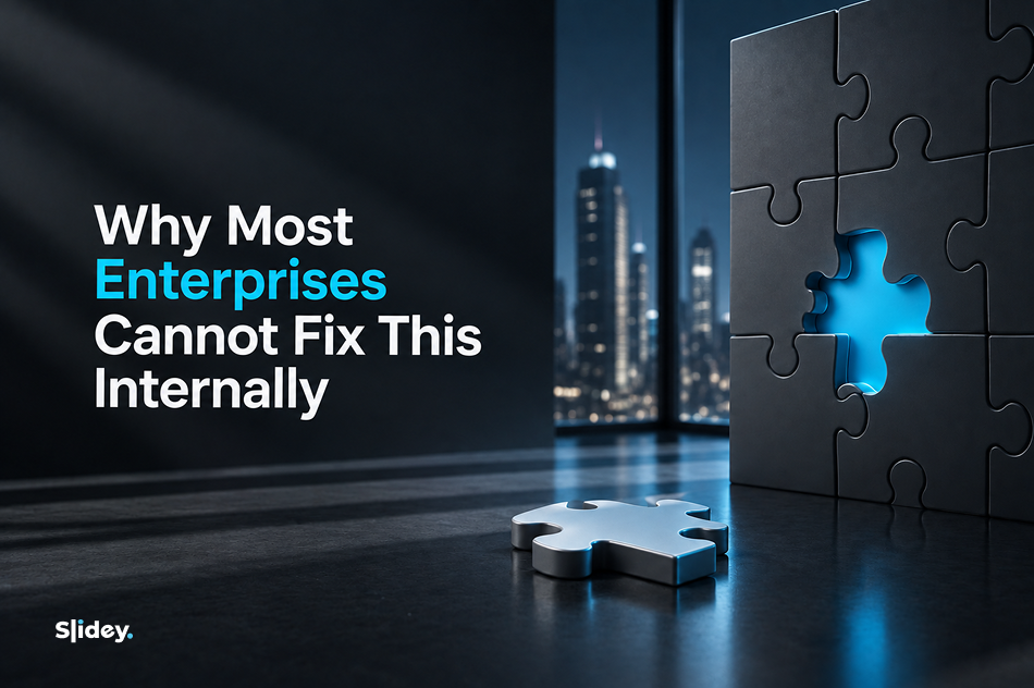 Enterprise teams struggle to reduce PowerPoint costs internally, shown through puzzle pieces and process gaps.