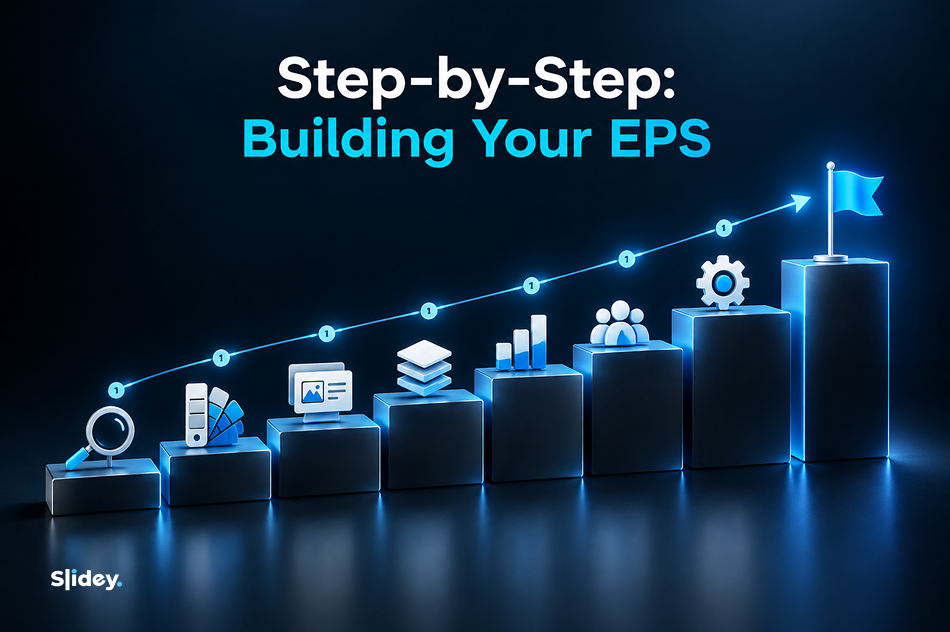 Step-by-step enterprise presentation system builds governance, assets, workflows, tools, and alignment.