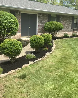 A beautifully landscaped front yard adorned with vibrant shrubs, creating an inviting and picturesque outdoor space.