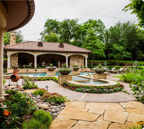A serene pool and patio area featuring a charming gazebo, perfect for relaxation and outdoor gatherings.