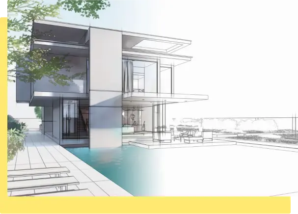 A drawing depicting a house with a swimming pool, showcasing a serene outdoor living space