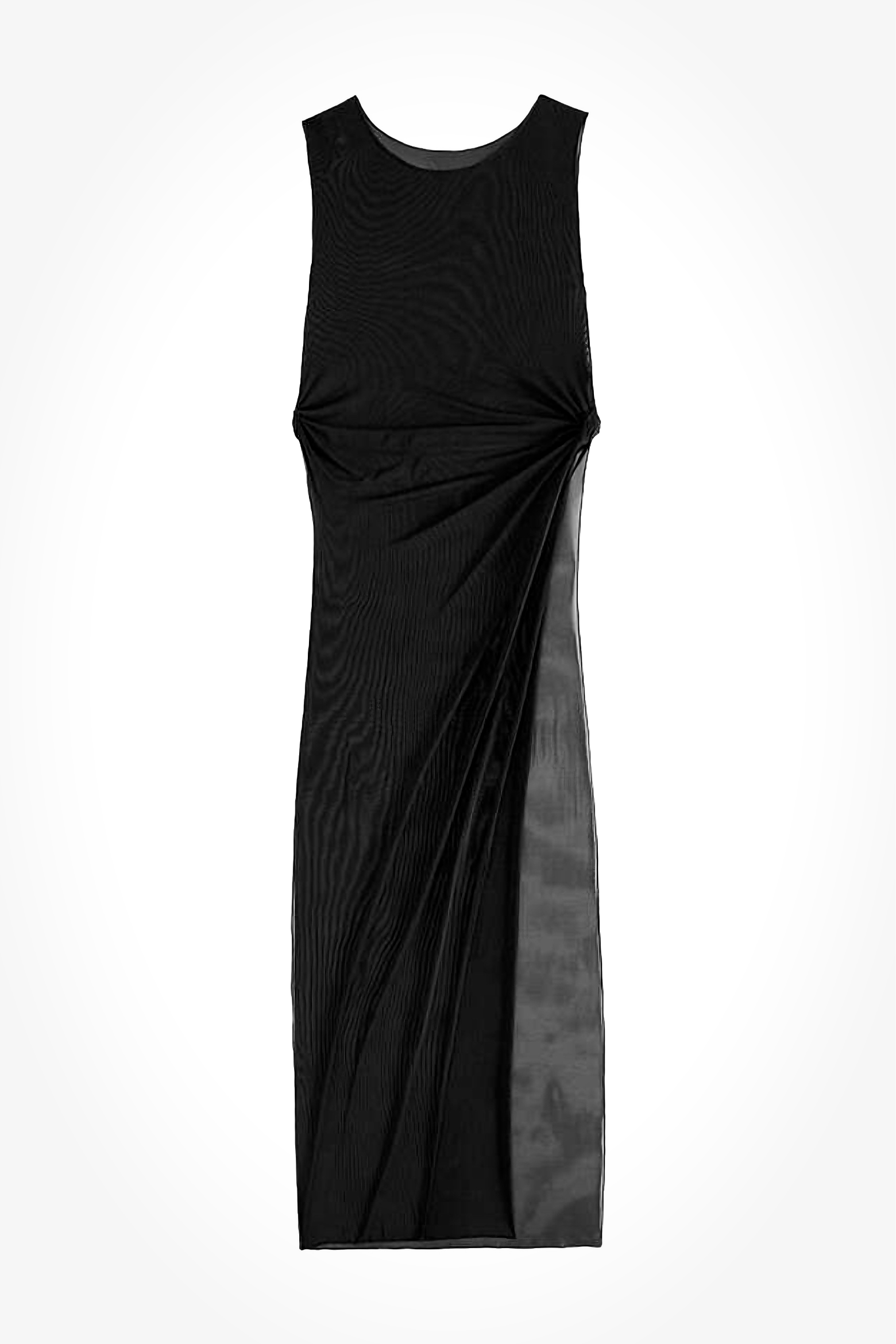 A sheer mesh black dress on a white background
