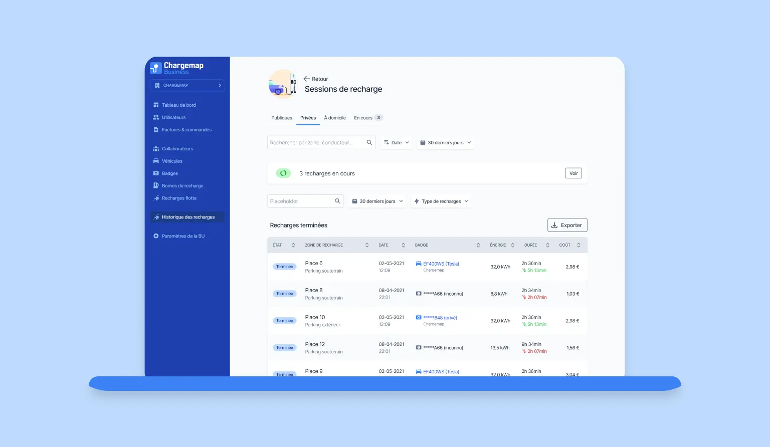 Chargemap WebApp : Historique recharges terminées