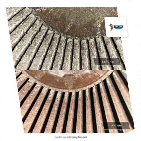 A split image shows a close-up of a circular air vent. The "BEFORE" side shows the vent heavily covered in dust and debris, while the "AFTER" side shows it to be clean.