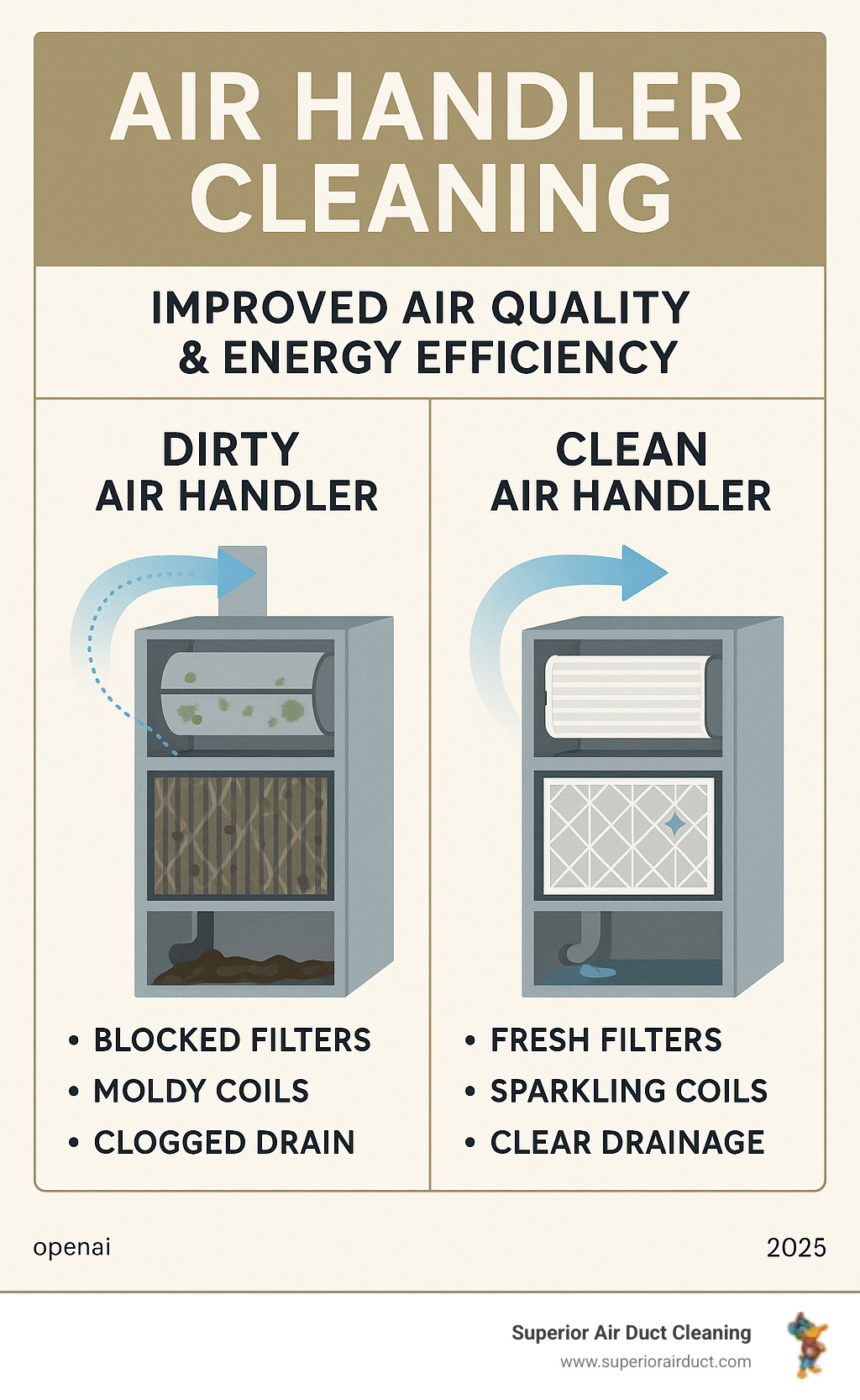 Infographic showing air flow comparison between a dirty air handler with blocked filters, moldy coils, and clogged drains versus a clean air handler with fresh filters, sparkling coils, and clear drainage, demonstrating improved air quality and energy efficiency - air handler cleaning infographic 