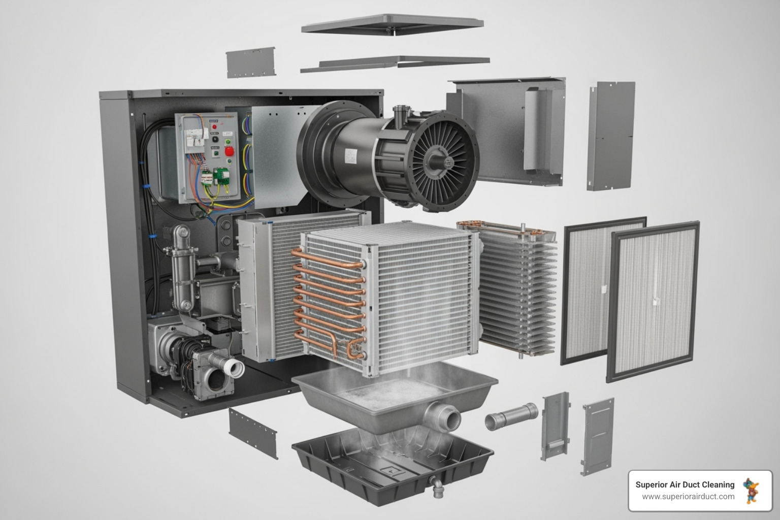 exploded view of an air handler with components labeled - air handler cleaning