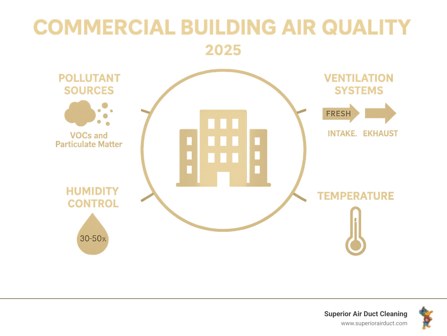 Infographic showing the four main components of commercial building air quality: pollutant sources including VOCs and particulate matter, ventilation systems with fresh air intake and exhaust, humidity control between 30-50% range, and temperature regulation, all connected around a central commercial building icon - commercial building air quality infographic 