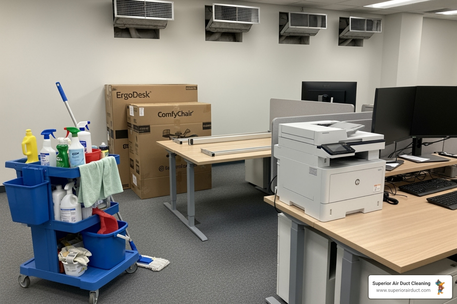 Office space with callouts pointing to various indoor air pollution sources like cleaning supplies, new furniture, printers, and an air vent - commercial building air quality