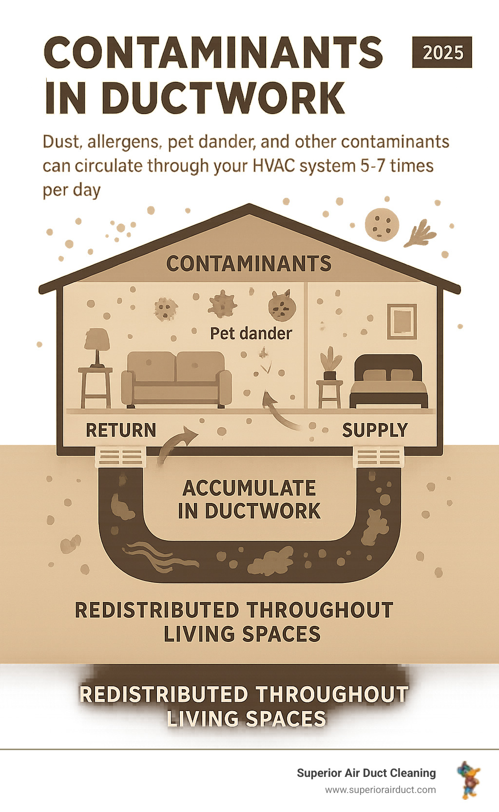 Infographic showing how dust, allergens, pet dander, and other contaminants circulate through a home's HVAC system 5-7 times daily, accumulating in ductwork and being redistributed throughout living spaces - duct cleaning infographic 