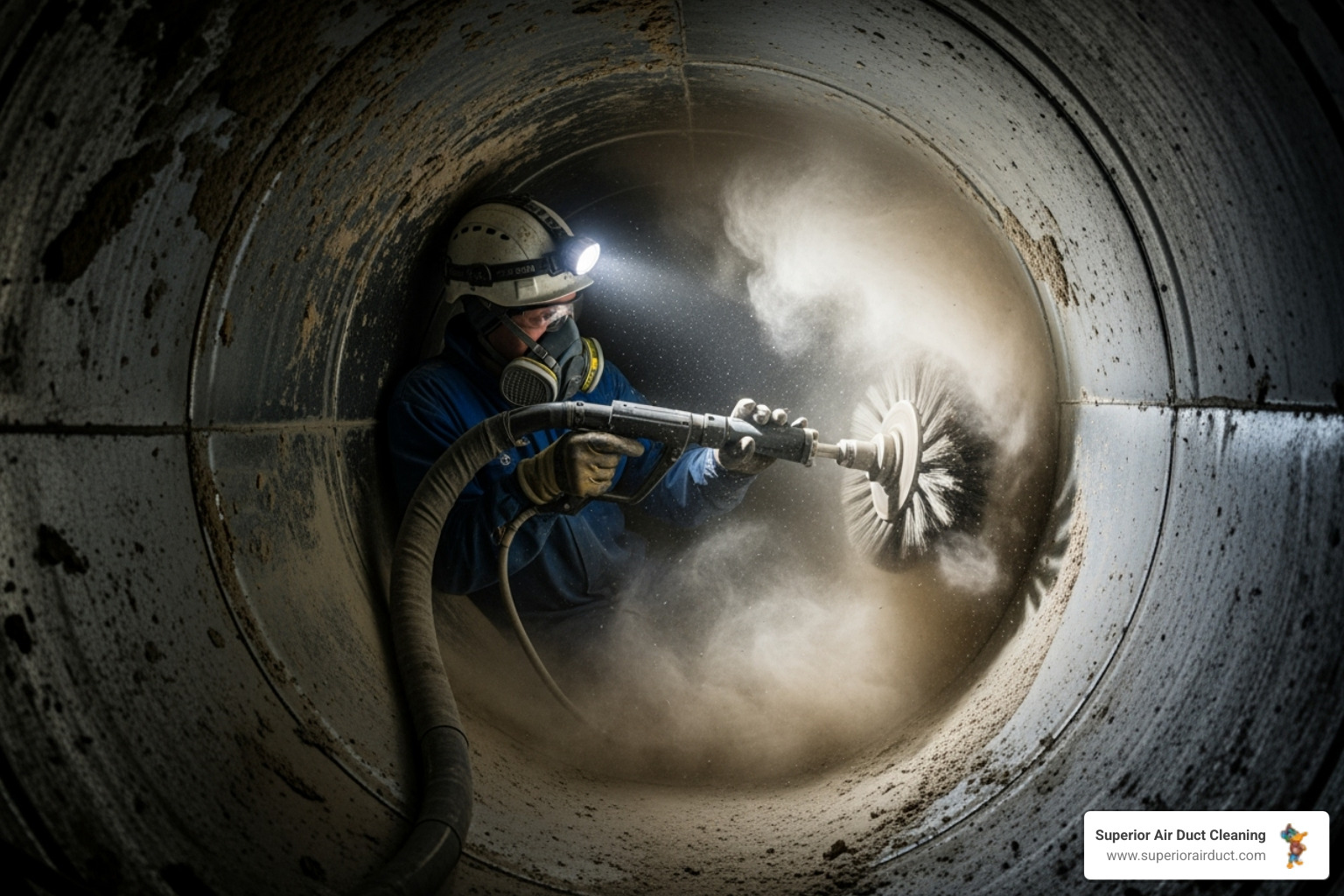 Image of a technician using a rotary brush inside a duct - duct cleaning