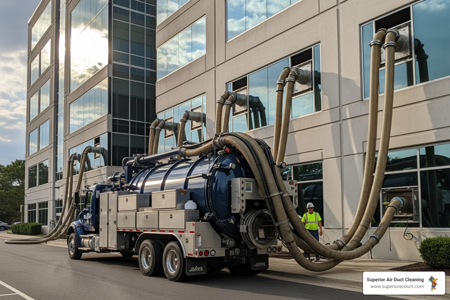 powerful truck-mounted vacuum system connected to a commercial building - duct cleaning experts