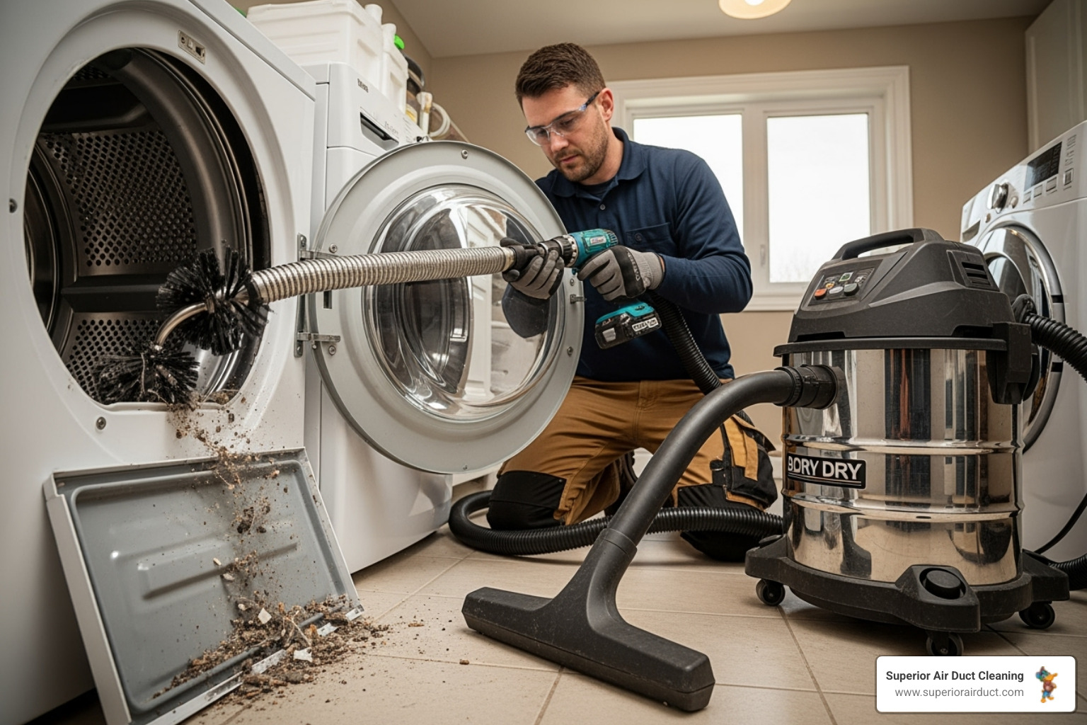 A technician using professional cleaning equipment on a vent - dryer vent cleaning pittsburgh