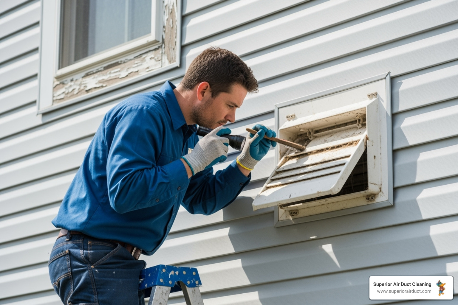 A technician inspecting an exterior dryer vent cap - dryer vent cleaning pittsburgh