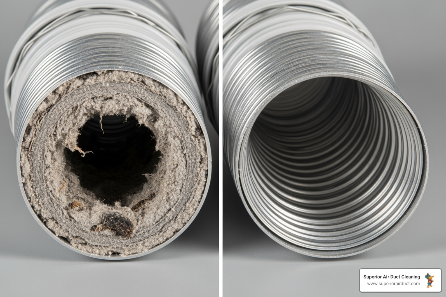 A clogged dryer vent full of lint next to a clean one - dryer vent cleaning pittsburgh