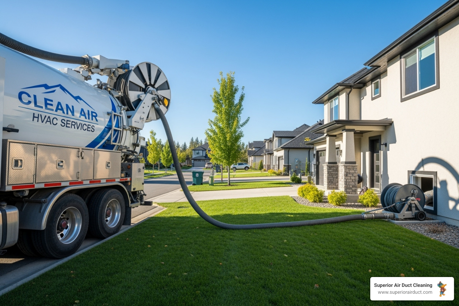 A powerful vacuum truck connected via a large hose to a home's HVAC system, ready to begin air duct cleaning - air duct cleaning Jefferson County