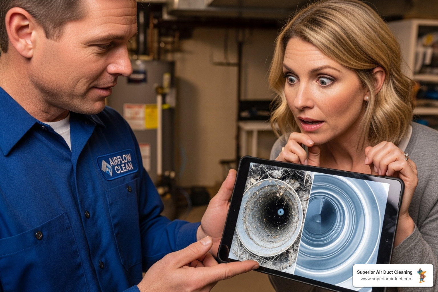 A technician showing a homeowner a camera view of clean vs. dirty air ducts, highlighting the stark difference - air duct cleaning Jefferson County