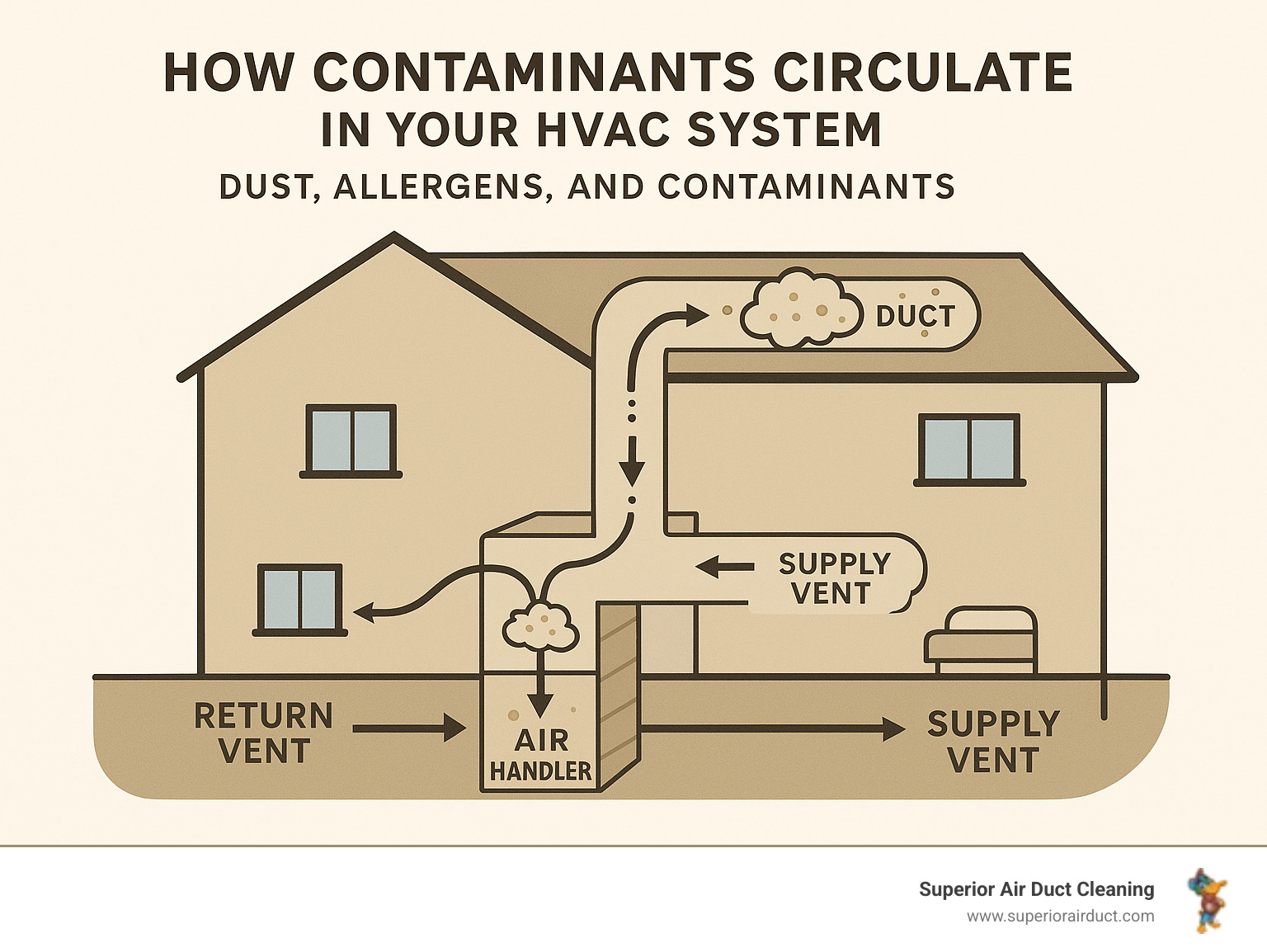 Detailed infographic showing how dust, allergens, and contaminants circulate through a home's HVAC system, highlighting problem areas like return vents, supply ducts, and the air handler unit - air duct cleaning Jefferson County infographic 