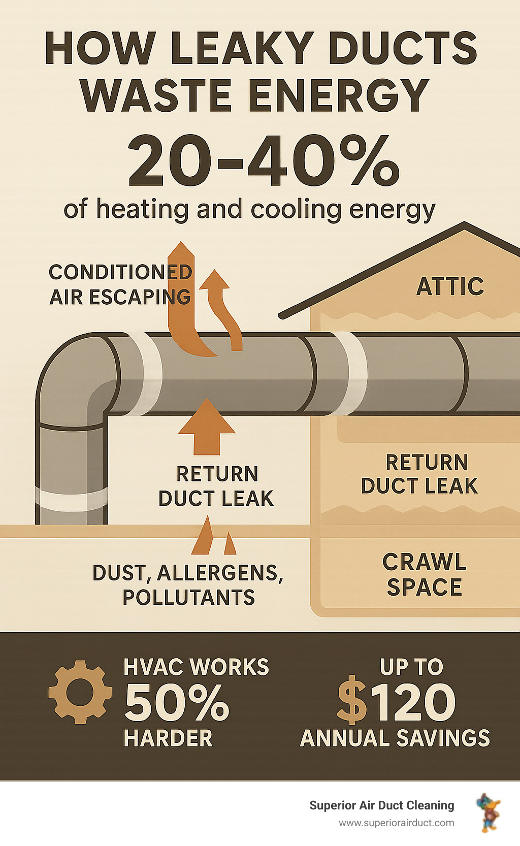 Infographic showing how leaky ducts waste 20-40% of heating and cooling energy, with arrows depicting conditioned air escaping into attics and crawlspaces while pulling in dust, allergens, and pollutants through return duct leaks, alongside statistics on HVAC strain and potential annual savings - energy efficient ducts infographic 