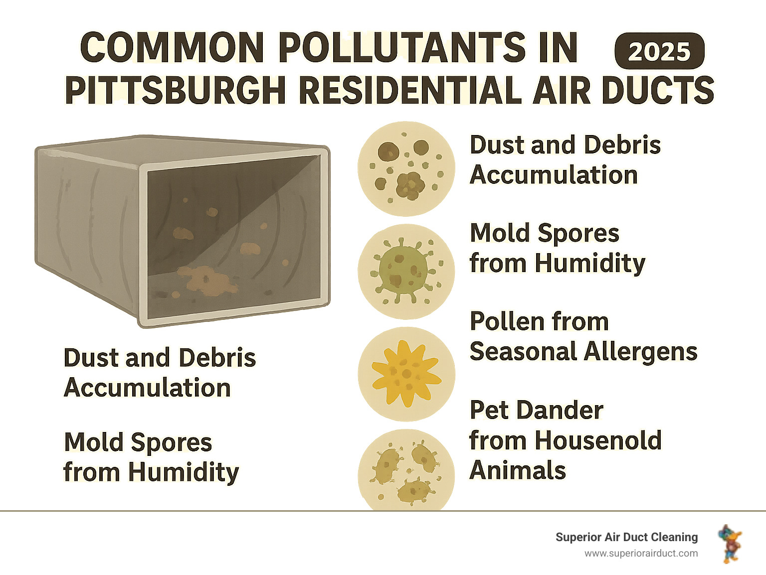 Infographic showing the top 5 common pollutants found in Pittsburgh residential air ducts: dust and debris accumulation, mold spores from humidity, pollen from seasonal allergens, pet dander from household animals, and bacteria from poor ventilation - Pittsburgh air duct cleaning infographic 