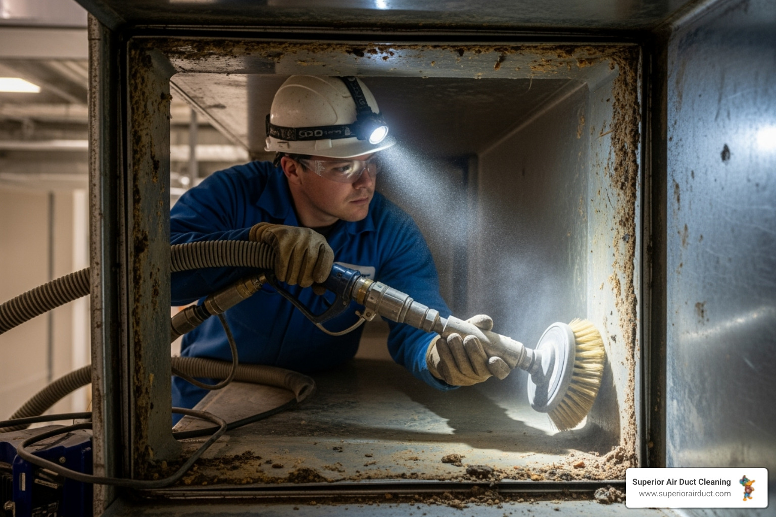 A technician using a specialized hose and brush inside a duct - Pittsburgh air duct cleaning