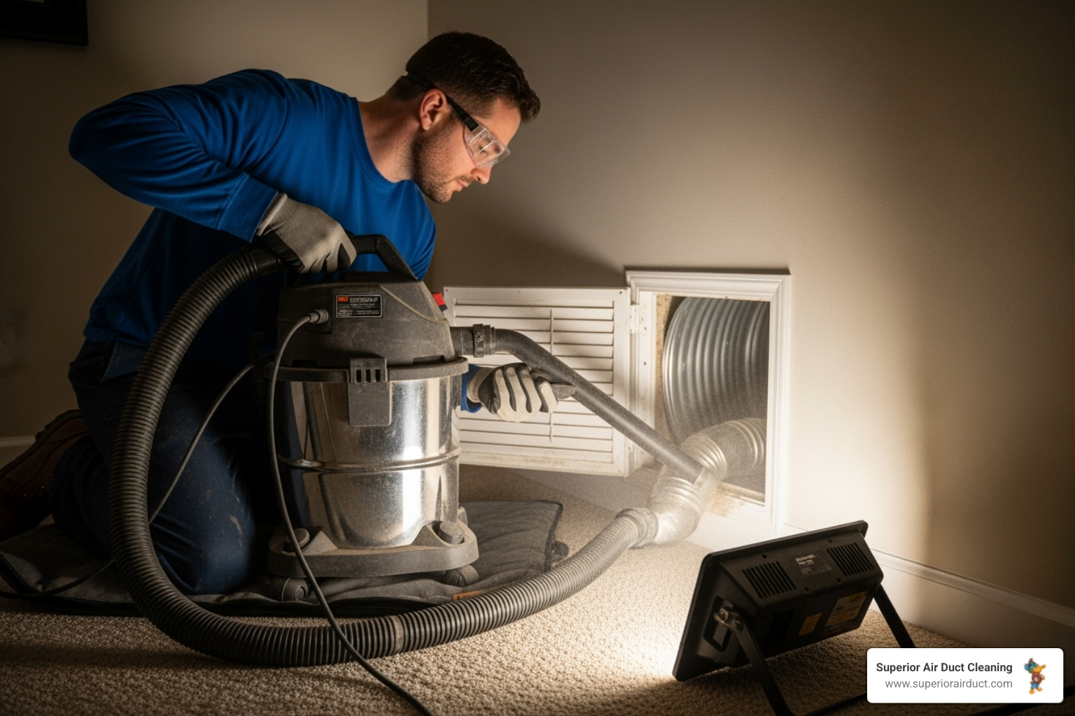 professional technician using a high-powered vacuum on an air duct - duct cleaning new brighton