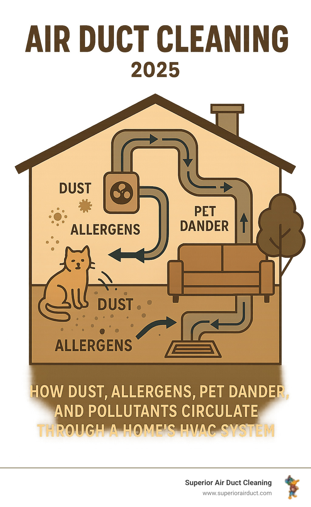 Infographic showing how dust, allergens, pet dander, and pollutants circulate through a home's HVAC system, with arrows indicating airflow patterns and common contaminant sources like carpets, pets, and outdoor air entering through ducts - air duct cleaning pittsburgh reviews infographic 