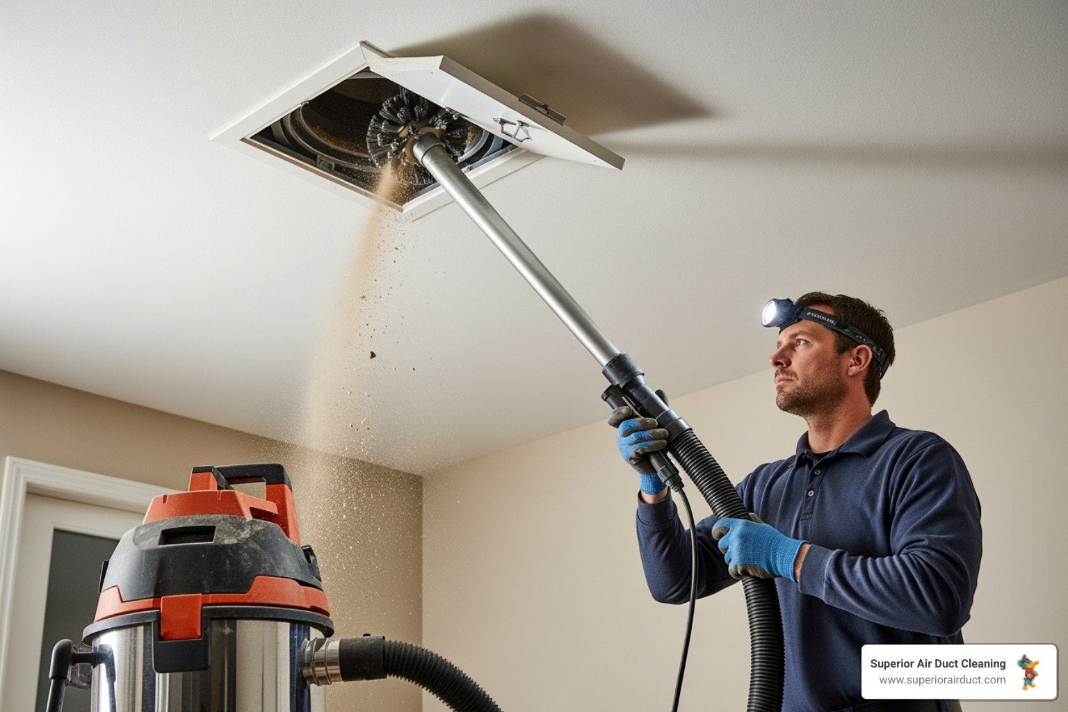A technician using a high-powered vacuum to clean a home's ductwork - air duct cleaning salem ohio