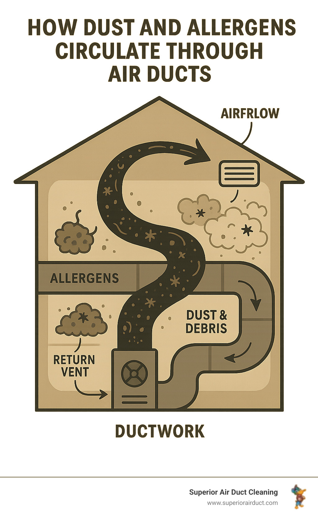 Detailed infographic showing how dust, allergens, and contaminants circulate through a home's HVAC system, with arrows indicating airflow from return vents through ductwork to supply vents, highlighting problem areas where debris accumulates - air duct cleaning salem ohio infographic 