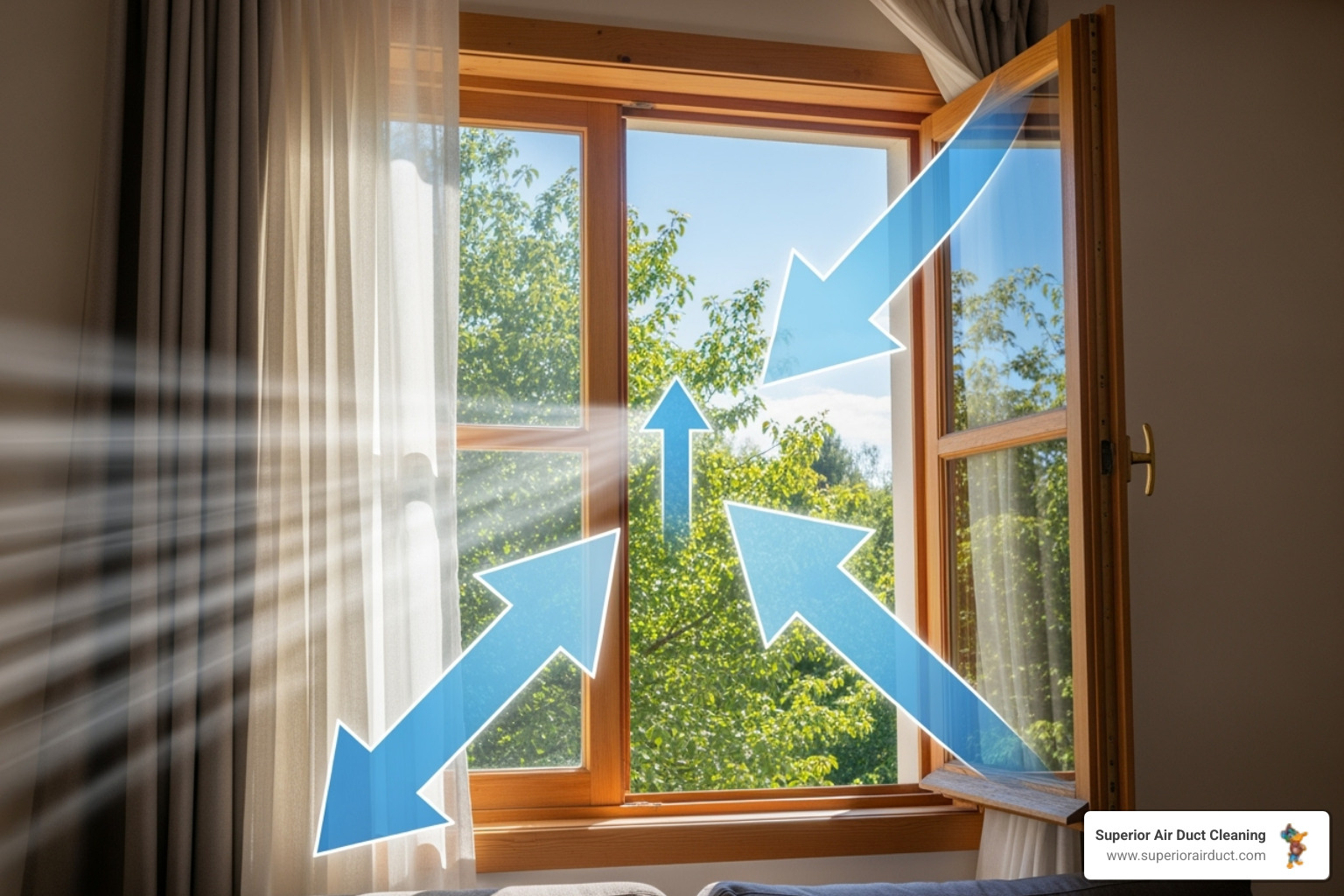 open windows in a home with arrows showing air circulation - healthy indoor air
