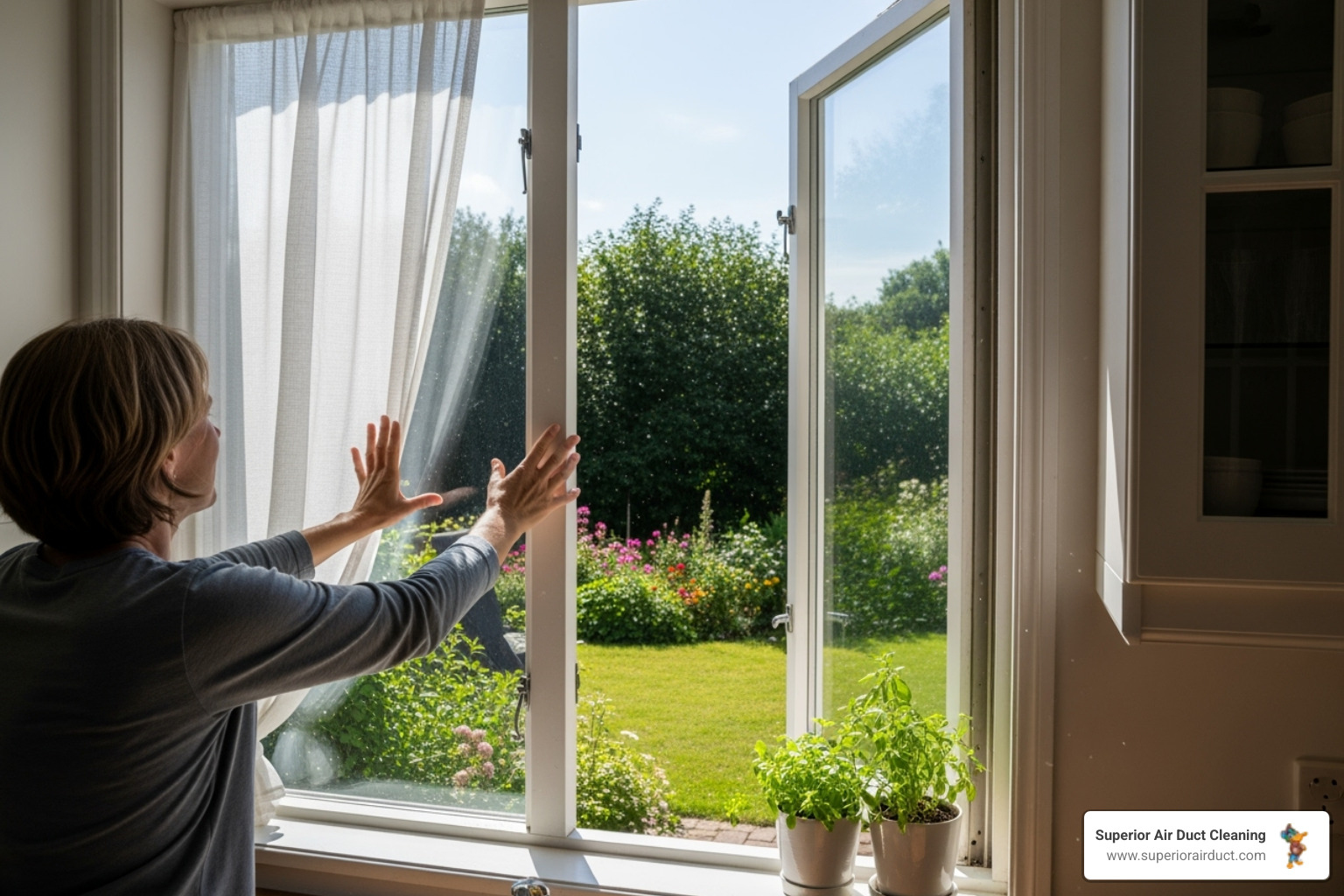 a person opening a window to let fresh air into a kitchen - improve air quality
