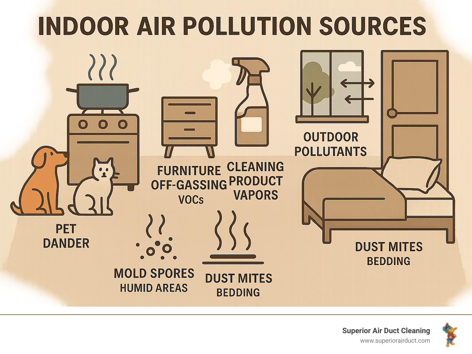 Infographic showing common indoor air pollution sources including cooking fumes from gas stoves, cleaning product vapors, pet dander from cats and dogs, furniture off-gassing VOCs, mold spores from humid areas, dust mites in bedding, and outdoor pollutants entering through windows and doors - indoor air quality solutions infographic 